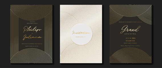 Luxury invitation card background vector. Golden elegant geometric pattern, gold line on dark and light background. Premium design illustration for wedding and vip cover template, grand opening, gala.
