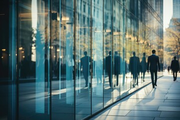 Fototapeta na wymiar A businessman walking past a common glass facade in the city, embodying the corporate and modern urban environment. Photorealistic illustration
