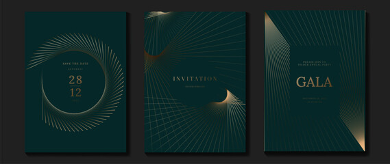 Luxury invitation card background vector. Golden elegant geometric pattern, gold line on dark green background. Premium design illustration for wedding and vip cover template, grand opening, gala.