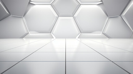 Beautiful futuristic Geometric white and gray background with floor in studio lighting.