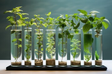 Genetically modified plants. Plant seedlings growing inside of test tubes