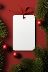 Fototapeta na wymiar Modern Gift Tag for Christmas Holiday Mockup on red background