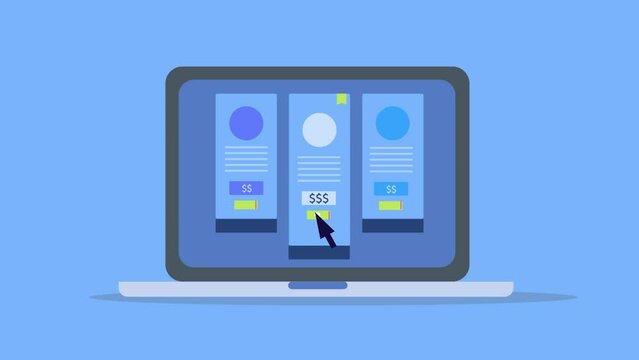 User selecting membership subscription monthly or annual payment package from laptop conceptual video animation.