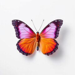 Obraz premium beautiful purple and orange butterfly flying over white background, top view, flat lay.