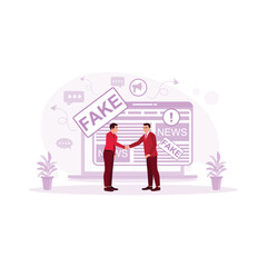 Two businessmen shaking hands in front of a laptop computer with fake news written on it. Spreading false information. Lie. Fake News concept. trend modern vector flat illustration