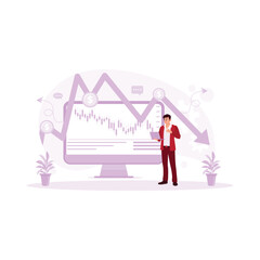 Businessman using laptop analyzing the graph of declining company economy. Economic Recession concept.  trend modern vector flat illustration