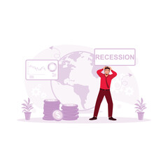 A male businessman stressed while holding his head after learning that the world economy is declining. Recession sign on economic background. Economic Recession concept.