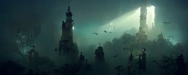 Deurstickers Environment Forest of enormous tall gothic columns mysterious light from above a lowhanging fog crystalline pools illuminated from beneath Something mysterious lurks in the shadows white birds non  © Susan