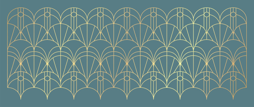 Naklejki Luxury geometric gold line art and art deco background vector. Abstract geometric frame and elegant art nouveau with delicate. Illustration design for invitation, banner, vip, interior, decoration.