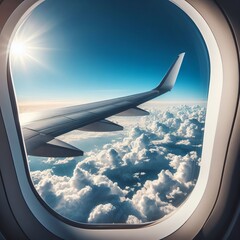 Airplane wing and clouds from the window of an airplane.  - obrazy, fototapety, plakaty
