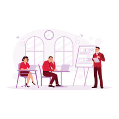 A businessman who feels tired when giving a presentation in the meeting room. Boring Job Concept. Trend Modern vector flat illustration