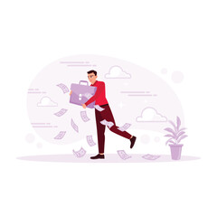 A businessman carrying a bag full of money, banknotes fall from the bag. Full Stack Concept. Trend Modern vector flat illustration