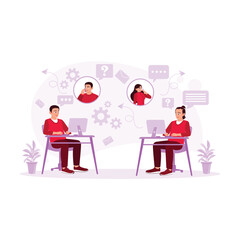 Technical support customer service team makes online calls with clients. Working in a call center office. Customer Support concept. Trend Modern vector flat illustration