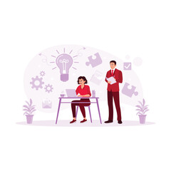 Businessmen and women work together in the office. Exchange ideas with each other. Employees Working concept. Trend Modern vector flat illustration