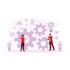 Two IT experts exchange ideas for developing software on a laptop. DevOps Developers concept. Trend Modern vector flat illustration