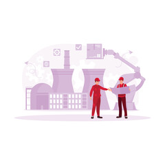 Two young engineers are standing in a heavy industrial manufacturing factory discussing a new project. Engineering concept. Trend Modern vector flat illustration