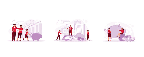 The boy put coins into the piggy bank. Worker presenting financial ideas. A woman sits on coins. Financial literacy concept. Set Trend Modern vector flat illustration