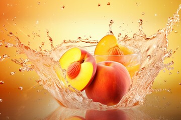 Refreshing peach juice splash with a ripe peach. Ideal for fruit ads and packaging. Generative AI