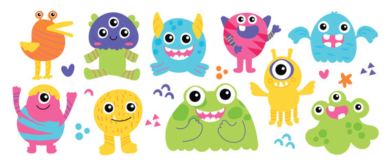 Fototapeta premium Cute and Kawaii monster kids icon set. Collection of cute cartoon monster in different playful characters. Funny devil, alien, demon and creature flat vector design for comic, education, presentation.