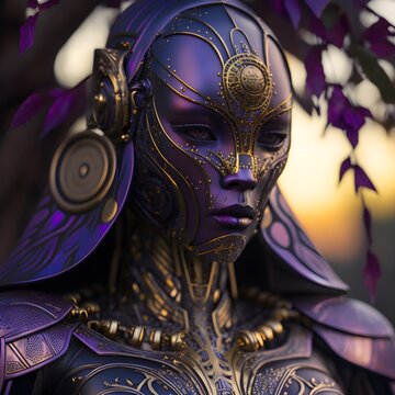 full face frontal view close up of a beautiful cyborg with skin made entirely from dark purple 304 stainless steel with a gold peacock handpainted pattern factory in the background sunset vivid 