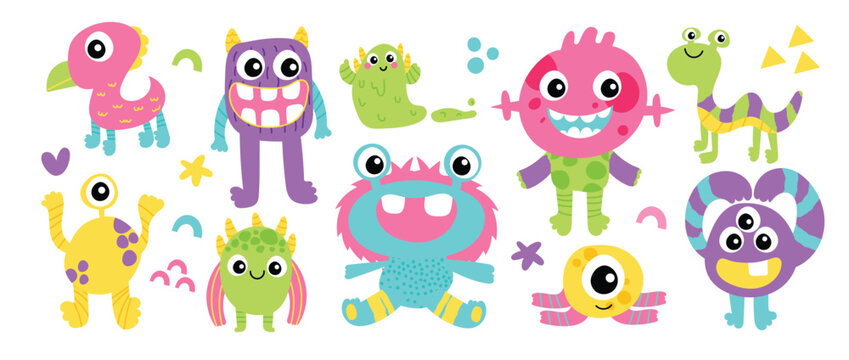 Cute and Kawaii monster kids icon set. Collection of cute cartoon monster in different playful characters. Funny devil, alien, demon and creature flat vector design for comic, education, presentation.