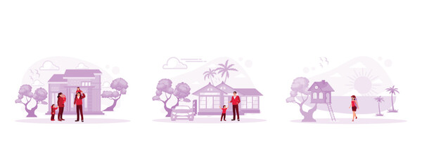 Eco House concept. The house uses solar panels. Charge the electric car at the charging station. Set Trend Modern vector flat illustration