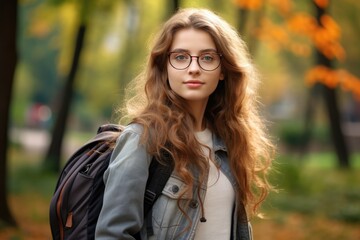 Naklejka premium Happy student girl with a backpack and glasses at the university campus in autumn