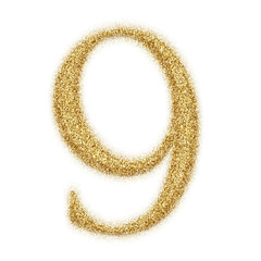 Gold glitter number from 0 to 9 isolated on transparent background. This is a part of a set which also includes letters and symbols