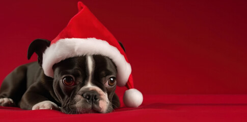 A Boston Terrier dog with a red Christmas hat against a red Xmas background. - obrazy, fototapety, plakaty