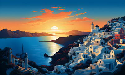Illustration of Santorini island of Greece, presentation picture, colorful illustration, travel postcard, tourism promotion concept, Generative AI - obrazy, fototapety, plakaty