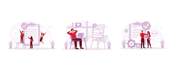 Happy entrepreneurs check the results of successful work. Happy young man working in front of the computer. Shake hands after reaching an agreement. They have done the Job concept. 