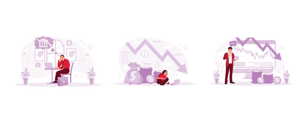 Obraz premium Calculate declining finances. They are facing financial problems or lack of money. Financial charts are down. Financial Instability concept. set modern vector flat illustration