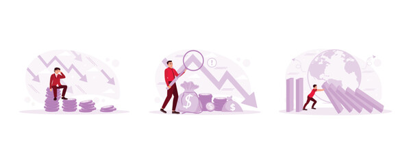 Stack of coins with descending arrow. Loss of investment and capital flight. Resist the domino effect. Financial Instability concept. set modern vector flat illustration