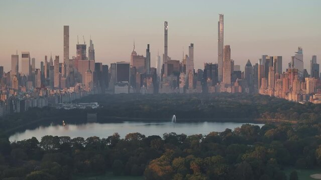 Drone footage of Central Park at sunrise