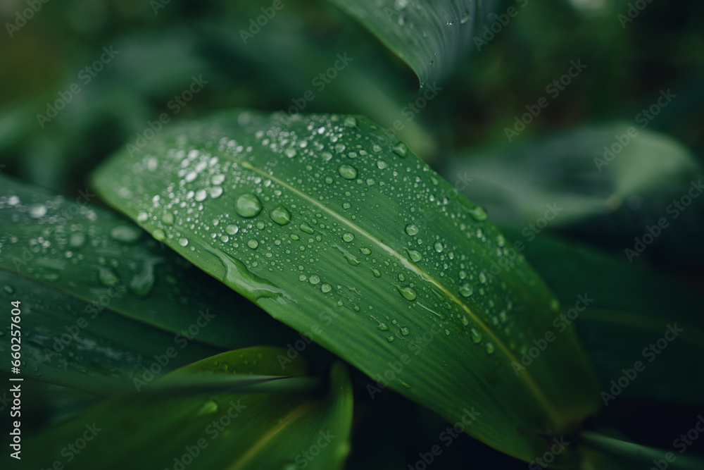 Poster leaves and water drops on a rainy day