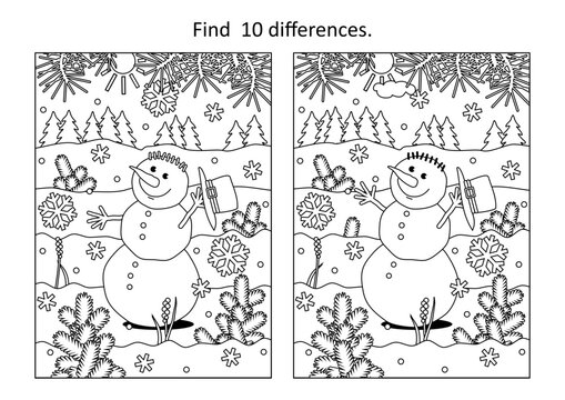 Difference game or picture puzzle and coloring page with happy cheerful snowman walking outdoor

