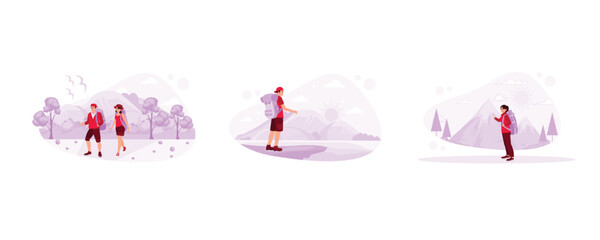 Enjoy summer by hiking in the mountains. Climb a mountain when the sun is bright. Female hiker checking weather forecast via mobile phone and hiking Mountain concept. 