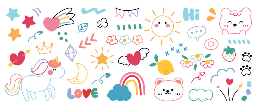 Cute hand drawn doodle vector set. Colorful collection of leaf, scribble, animal, flower, rainbow, cloud, unicorn, moon, sun. Adorable creative design element for decoration, ads, prints, branding.