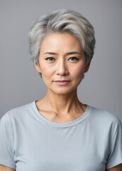 Fototapeta premium In portrait of beautiful Japanese, Korean, Asian woman with beautiful healthy facial skin Gorgeous elderly mature woman with short hair and happy smile. Beauty and cosmetics skin care advertising conc