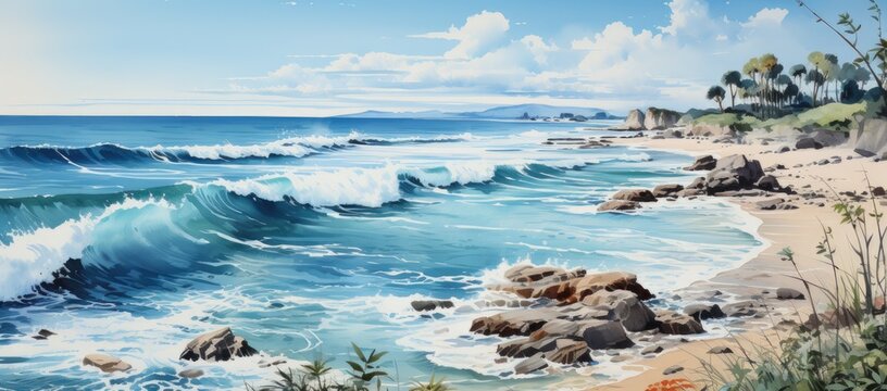a sea and sand beach background in water, in the style of photorealistic painting, turquoise and white, highly detailed foliage, agfa vista, shaped canvas, aquarellist, poster