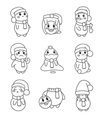 Cute Christmas snowman. Coloring Page. Character with different emotions. Vector drawing. Collection of design elements.