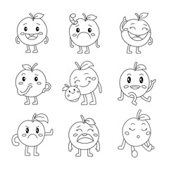 Cute apple character. Coloring Page. Funny fruit cartoon. Vector drawing. Collection of design elements.