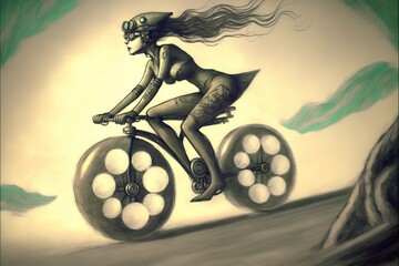 alien girl riding bike through the mountains steampunk 