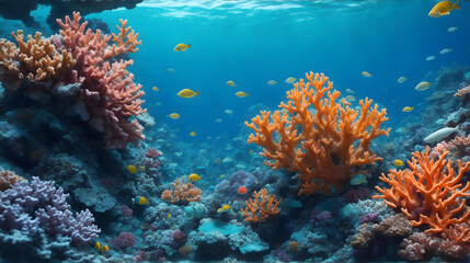 Fototapeta na wymiar A vibrant coral reef teeming with an array of colorful marine life, set against the backdrop of a clear, cerulean ocean. ai generative