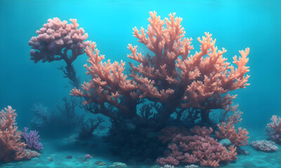 Naklejka na ściany i meble A vibrant coral reef teeming with an array of colorful marine life, set against the backdrop of a clear, cerulean ocean. ai generative