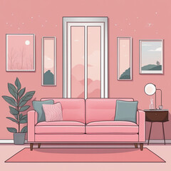 Modern living room with pink furniture, interior wall mockup, with pink sofa on empty pink wall background, free space for mockup