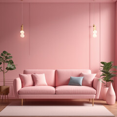 Modern living room with pink furniture, interior wall mockup, with pink sofa on empty pink wall background, free space for mockup