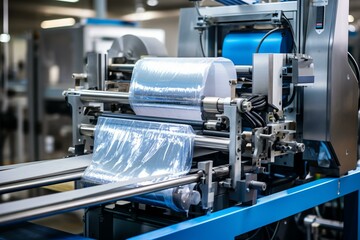 Modern aluminum foil filling machine in a factory. Generative AI - obrazy, fototapety, plakaty