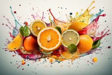 Vibrant citrus artwork with lemon splashes, juice, and flying slices. Generative AI