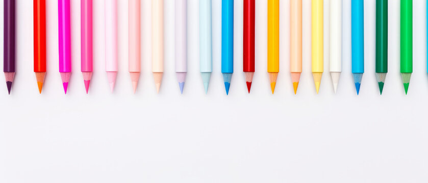 A bright and colorful image of a row of colored pencils on a white background. The pencils are arranged in a rainbow-like order, with red on the left and green on the right.
